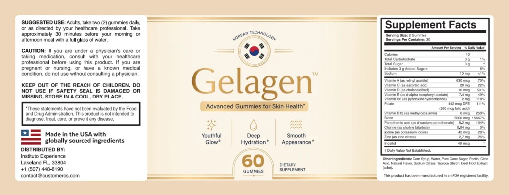 Gelagen label with Supplement Facts: Biotin 5000 mcg, Vitamin B12 6 mcg, Vitamin B6 2 mg, Folate 442 mcg DFE, Pantothenic Acid 5.2 mg, Vitamins A, C, D, E and Zinc